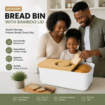 Modern White Bread Bin with Bamboo Lid in White & Bamboo, view 3