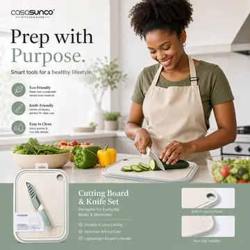 Casa Sunco Eco-Friendly Wheat Straw Cutting Board & Knife Set in Beige & Sage, view 3