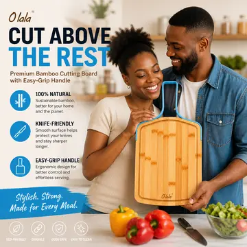 Premium O'lala Bamboo Cutting Board with Ergonomic Handle in Bamboo & Blue, view 3