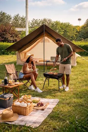 Premium Inflatable Glamping Tent with Integrated Canopy & Skylight in Beige, view 3