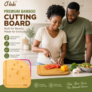 O'lala Premium Bamboo Cutting Board with Juice Groove & Handle in Bamboo & Pink, view 3