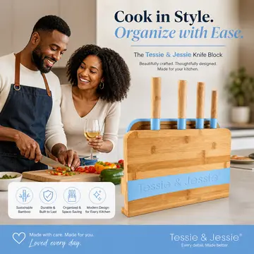Premium Bamboo Knife Block Set with Cutting Board in Bamboo & Blue, view 3