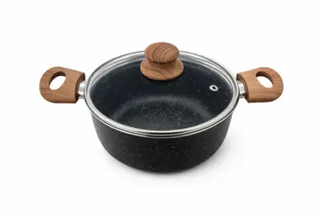 7-Piece White Granite Non-Stick Cookware Set with Wood-Effect Handles in Black Granite, view 3