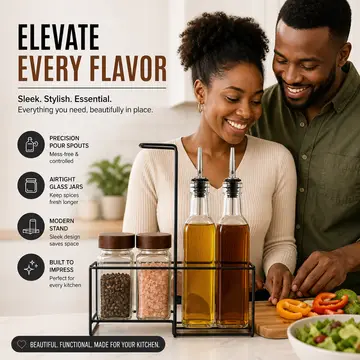 4-Piece Glass Oil & Spice Dispenser Set with Black Iron Stand in Clear Glass, view 3