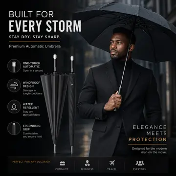 Premium 16-Rib Windproof Classic Black Stick Umbrella in Grey, view 3