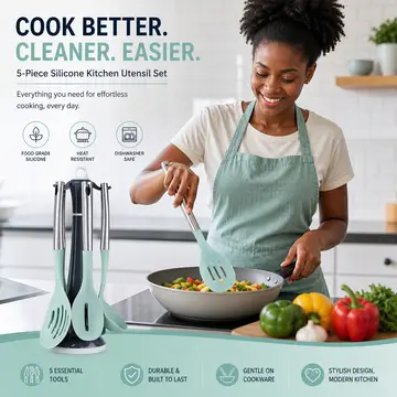 Premium Silicone Kitchen Utensil Set with Stainless Steel Handles & Carousel Stand in Mint & Charcoal, view 3
