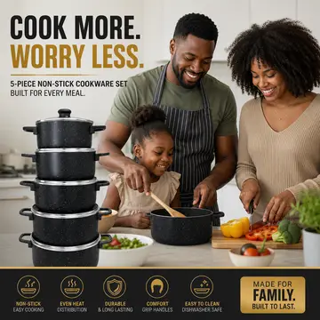 Premium Aluminum Non-Stick Cookware Set with Glass Lids in Black Granite, view 3