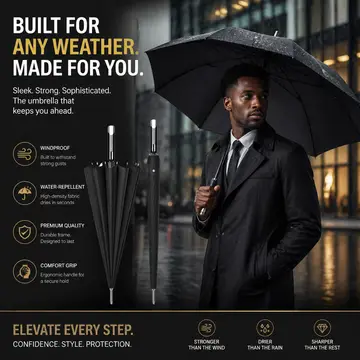Premium 16-Rib Windproof Classic Black Stick Umbrella in Black, view 3