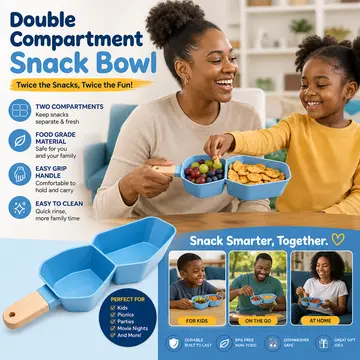 Double Compartment Snack Bowl with Wooden Handle in Blue & Wood, view 3