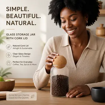 Premium Glass Storage Jar with Cork Ball Lid - Modern Kitchen Canister in Clear Glass & Cork, view 3