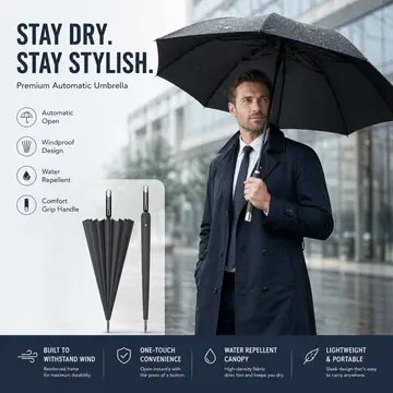 Premium 16-Rib Windproof Classic Black Stick Umbrella in Grey, view 4