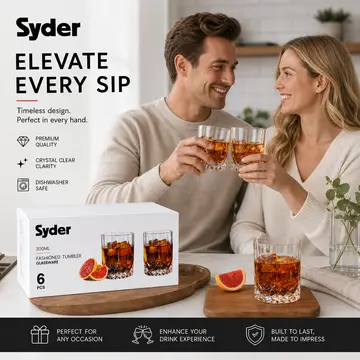 Syder 6-Piece Premium Whisky Glass Set - 300ml Edged Fashioned Tumblers in Clear Glass, view 4