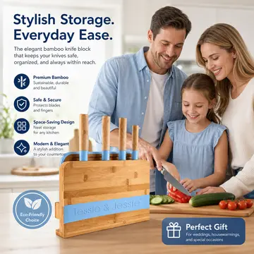 Premium Bamboo Knife Block Set with Cutting Board in Bamboo & Blue, view 4