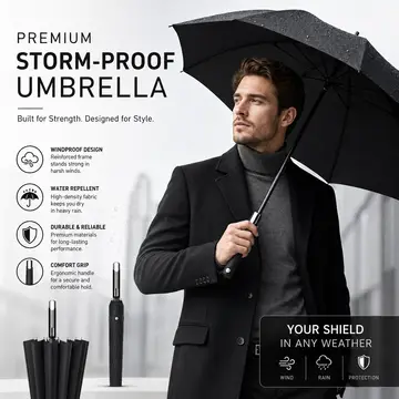 Premium 16-Rib Windproof Classic Black Stick Umbrella in Black, view 4