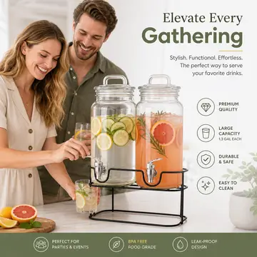 Double Glass Beverage Dispenser Set with Black Iron Stand - 2 x 2.2L in Clear Glass, view 4