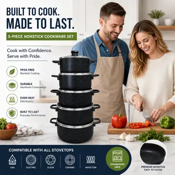 Premium Aluminum Non-Stick Cookware Set with Glass Lids in Black Granite, view 4