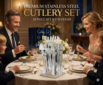 Premium 24-Piece Stainless Steel Cutlery Set with Display Stand in Silver, view 4
