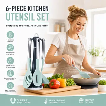 Premium Silicone Kitchen Utensil Set with Stainless Steel Handles & Carousel Stand in Mint & Charcoal, view 4