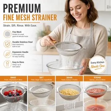 Premium Stainless Steel Fine Mesh Kitchen Strainer with Wooden Handle in Stainless Steel & Wood, view 4