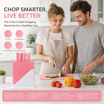 4-Piece Color-Coded Index Cutting Board Set with Storage Stand in Pink, view 4