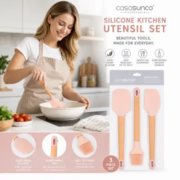 Premium 3-Piece Silicone & Wood Kitchen Utensil Set - Spatula, Scraper & Brush in Blush Pink & Wood, view 4