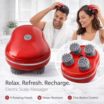 Electric Scalp & Head Massager for Deep Relaxation and Hair Care in Red, view 4