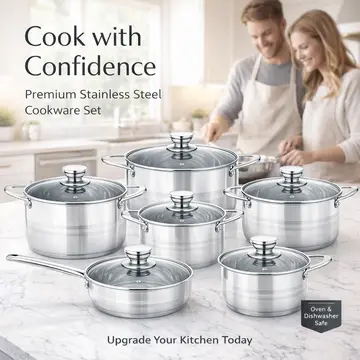 12-Piece Premium Stainless Steel Cookware Set with Glass Lids in Stainless Steel, view 4