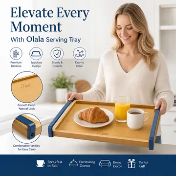 O'lala Premium Bamboo Serving Tray with Metal Handles in Bamboo & Navy, view 4