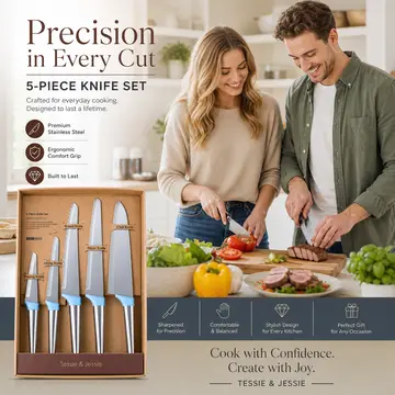 Premium 5-Piece Stainless Steel Kitchen Knife Set in Stainless Steel & Blue, view 4