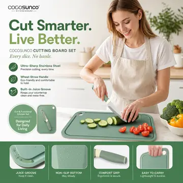 Casa Sunco Eco-Friendly Wheat Straw Cutting Board & Knife Set in Green, view 4