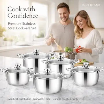 10-Piece Stainless Steel Belly Shape Cookware Pot Set with Glass Lids in Stainless Steel, view 4