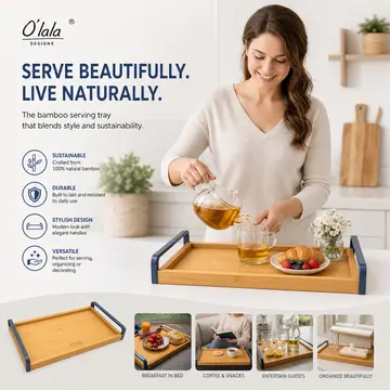 O'lala Design Premium Bamboo Serving Tray with Handles in Bamboo & Blue, view 4
