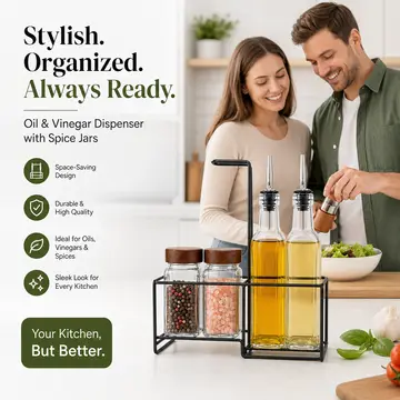 4-Piece Glass Oil & Spice Dispenser Set with Black Iron Stand in Clear Glass, view 4