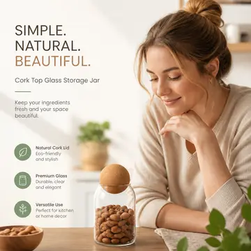 Premium Glass Storage Jar with Cork Ball Lid - Modern Kitchen Canister in Clear Glass & Cork, view 4