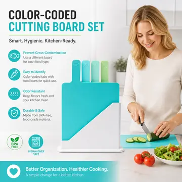 4-Piece Color-Coded Index Cutting Board Set with Storage Stand in Green, view 4