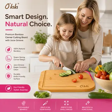 O'lala Premium Bamboo Cutting Board with Juice Groove & Handle in Bamboo & Pink, view 4