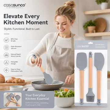 Premium 3-Piece Silicone & Wood Kitchen Utensil Set - Spatula, Scraper & Brush in Grey & Wood, view 4