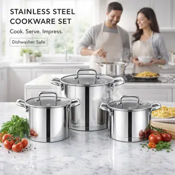 Premium 3-Piece Stainless Steel Casserole Pot Set with Amber Glass Lids in Stainless Steel, view 4