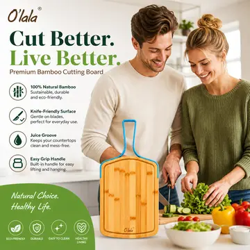 Premium O'lala Bamboo Cutting Board with Ergonomic Handle in Bamboo & Blue, view 4