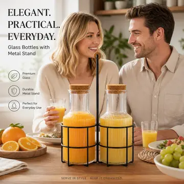 Premium 2-Piece 1000ml Glass Juice Jar Set with Black Iron Stand & Cork Lids in Clear Glass, view 4