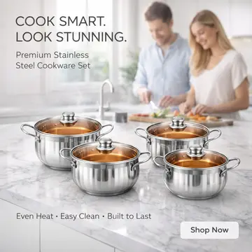 8-Piece Ribbed Stainless Steel Cookware Set with Gold Interior in Silver & Gold, view 4