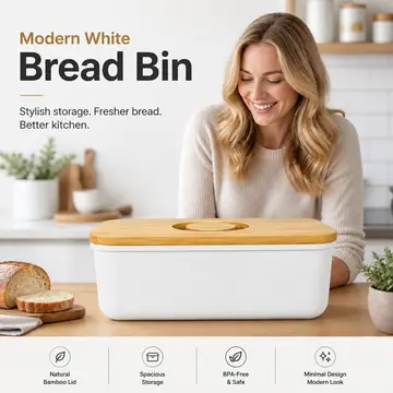 Modern White Bread Bin with Bamboo Lid in White & Bamboo, view 4