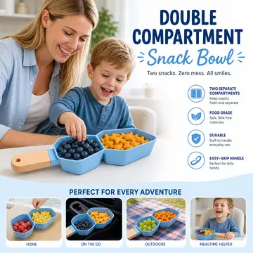 Double Compartment Snack Bowl with Wooden Handle in Blue & Wood, view 4