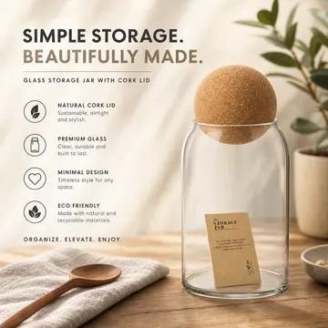 Premium Glass Storage Jar with Cork Ball Lid - Modern Kitchen Canister in Clear Glass & Cork, view 5