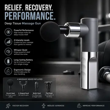 Portable Mini Muscle Massage Gun with Interchangeable Heads in Grey, view 5