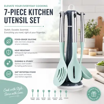 Premium Silicone Kitchen Utensil Set with Stainless Steel Handles & Carousel Stand in Mint & Charcoal, view 5