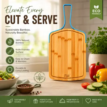 Premium O'lala Bamboo Cutting Board with Ergonomic Handle in Bamboo & Blue, view 5