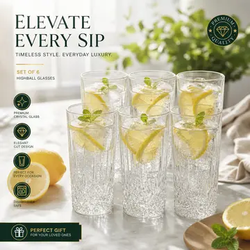 6-Piece Premium 380ml Highball Glassware Set in Clear Glass, view 5