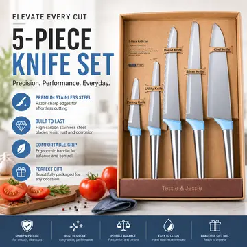 Premium 5-Piece Stainless Steel Kitchen Knife Set in Stainless Steel & Blue, view 5