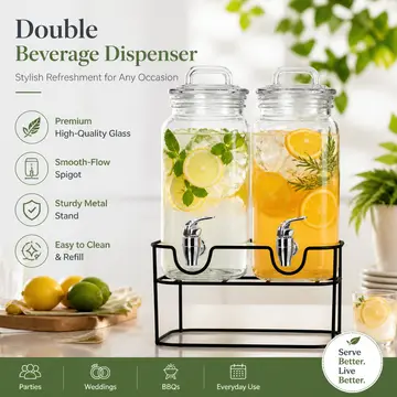 Double Glass Beverage Dispenser Set with Black Iron Stand - 2 x 2.2L in Clear Glass, view 5